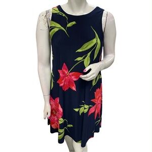Jones Studio Navy Dress with Red and Green Floral Design Size L
